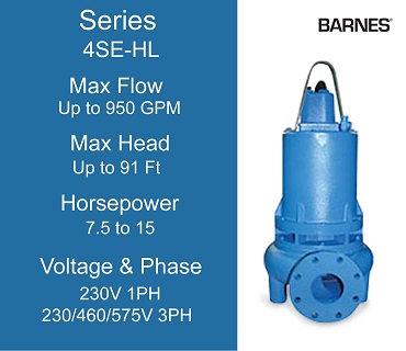 Barnes Sewage Pumps, 4SE-HL Series, 7.5 to 15 Horsepower, 230 Volts 1 Phase, 230/460/575 Volts 3 Phase